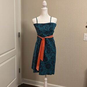 Mauve for Anthropology Floral Teal Dress with Orange Belt